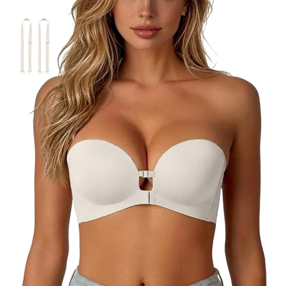 Women Wireless Front Closure Strapless Push Up Bra, Non- Jelly Support Padded Tube Bra, Convertible Removable Shoulder Strap Seamless Invisible Bandeau Bra Sizes S-XL