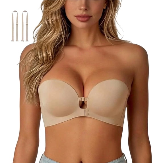 Women Wireless Front Closure Strapless Push Up Bra, Non- Jelly Support Padded Tube Bra, Convertible Removable Shoulder Strap Seamless Invisible Bandeau Bra Sizes S-XL