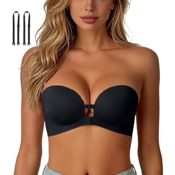 Women Wireless Front Closure Strapless Push Up Bra, Non- Jelly Support Padded Tube Bra, Convertible Removable Shoulder Strap Seamless Invisible Bandeau Bra Sizes S-XL