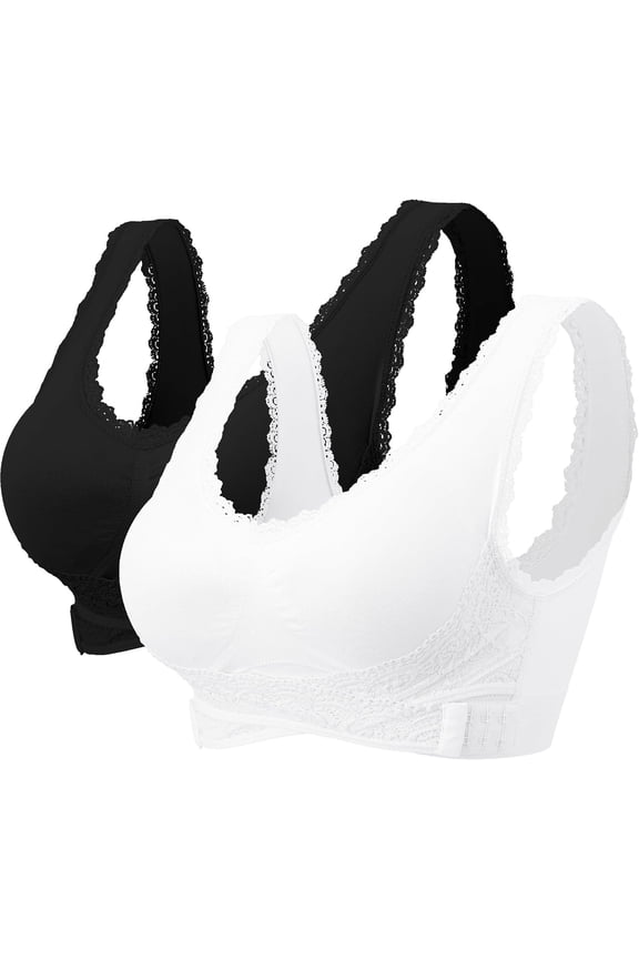 Women Wireless Lace Bra - Adjustable Front Cross Side Buckle Bras Seamless Comfy Wide Straps Underwear Plus Size for Leisure Yoga