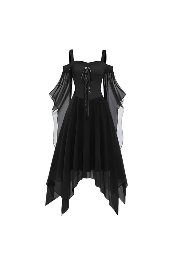 Women Witch Dress Halloween Costumes Woman 2025 Renaissance Medieval Vampire Butterfly Sleeve Mesh Gothic Outfit/women gothic cold shoulder midi witch dress(Black-2/XL)