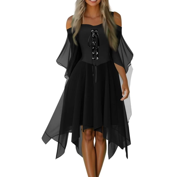Women Witch Dress Halloween Costumes Woman 2026 Renaissance Medieval Vampire Butterfly Sleeve Mesh Gothic Outfit, 03# Black L