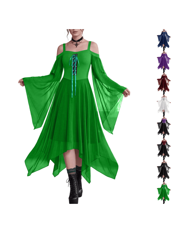 Women Witch Dress Halloween Dress Woman 2026 Renaissance Medieval Butterfly Sleeve Mesh Gothic Outfit Green 2XL