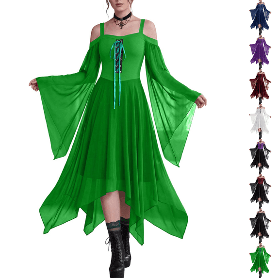 Women Witch Dress Halloween Dress Woman 2026 Renaissance Medieval Butterfly Sleeve Mesh Gothic Outfit Green L