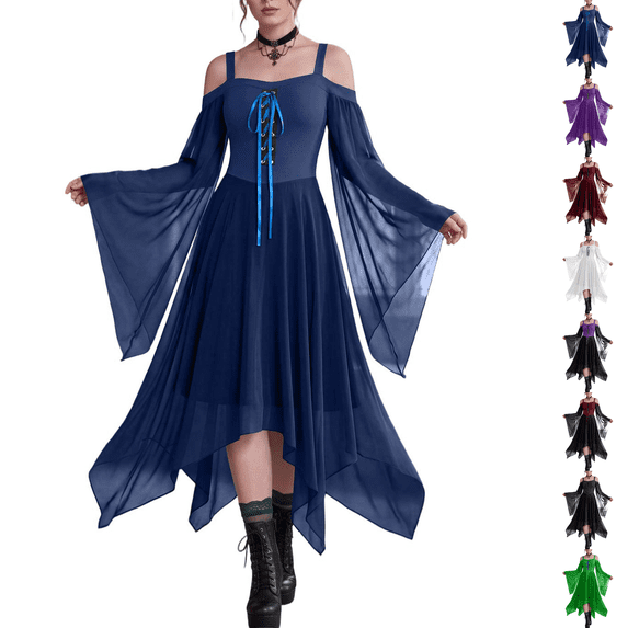 Women Witch Dress Halloween Dress Woman 2026 Renaissance Medieval Butterfly Sleeve Mesh Gothic Outfit Navy L
