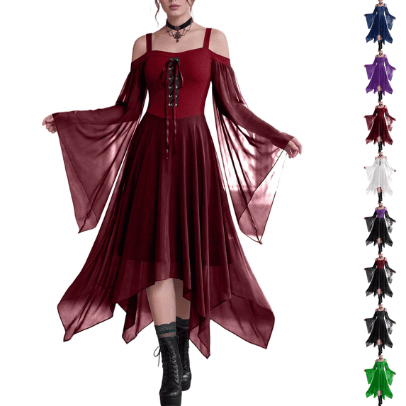 Women Witch Dress Halloween Dress Woman 2026 Renaissance Medieval Butterfly Sleeve Mesh Gothic Outfit Wine 2XL