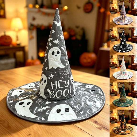 Women Witch Hat Halloween Ghost Pointed Hat Quilted Wizard Cap Pumpkins Cosplay Costume Party Accessories Girls