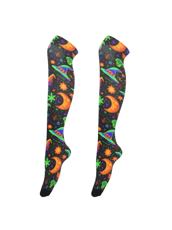 Women Witch Neon Moons Pattern Over Knee Thigh High Socks