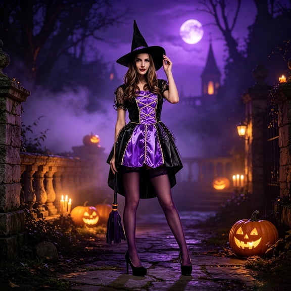 Women Witch‑Themed Dress‑Up Outfit,High‑Low Hem Short Sleeve Dress with Pointed Hat, for Halloween Party Masquerade Stage Performance Gathering
