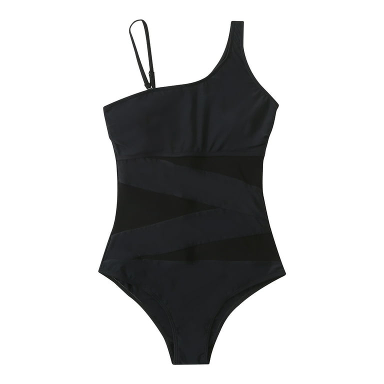 Women With Chest Pads Bra Splicing Yarn Mesh Gauze Spaghetti Straps  Diagonal Shoulder One-piece Swimsuit 57B