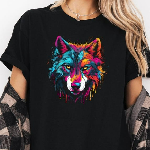 Wolf Neon Tee Graphic Glow Print Relaxed Fit Top Multi Color Short Sleeve Round Neck Breathable Black S-5XL