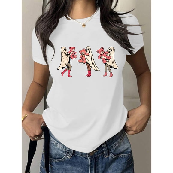 Women Women 's Ghosts Pink Bears Graphic Tee T Shirt Top Fashion and Trendy Short Sleeve Round Neck White S-5XL
