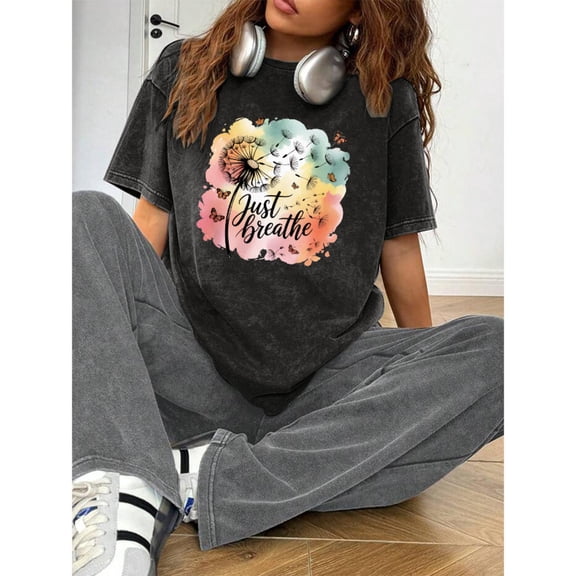 Women Women s Just Breathe Graphic Tee Floral T Shirt Tops Trendy Short Sleeve Round Neck Black S-2XL Plus Size