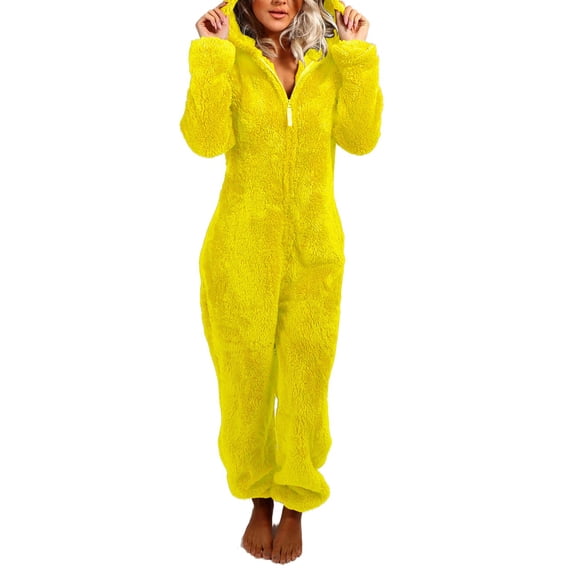 Women Women's One Piece Pajamas Cozy Plush With Bear Ear Hat Long Sleeve Zipper Jumpsuit Plus Size