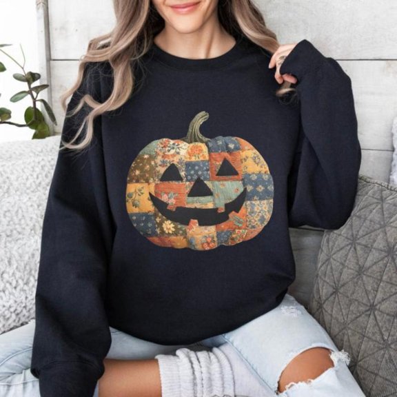 Women Women s Retro Pumpkin Graphic Sweatshirt Halloween Pullover Top Round-neck long-sleeved Black S-3XL