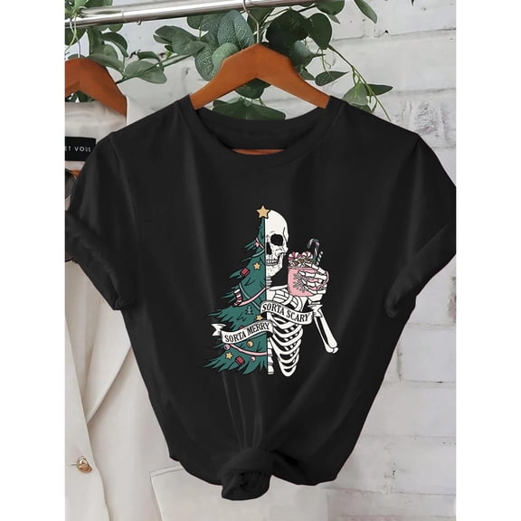 Women Women 's Skull Christmas Pattern Graphic Tee T Shirt Top Short Sleeve Round Neck Comfortable Black S-5XL