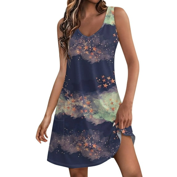 Women Women's Summer Casual T Shirt Dresses Prints Beach Cover up Tank Dress