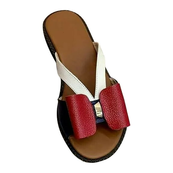 Women Womens Slip On Flat Beach Slipper Sandals Colorblock Bowknot Open Toe Slides Slipper Summer Slippers Shoes Red Women Sandal