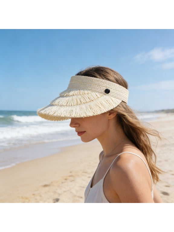 Women Wood Straw Sun Visor Hat for Beach Golf Foldable Breathable Lightweight Adjustable Wide Brim Natural