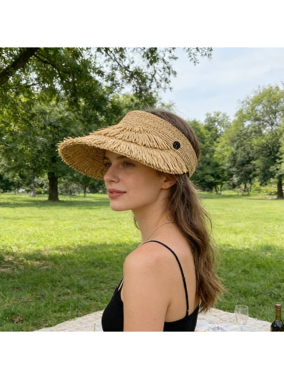 Women Wood Straw Sun Visor Hat for Beach Golf Foldable Breathable Lightweight Adjustable Wide Brim Natural