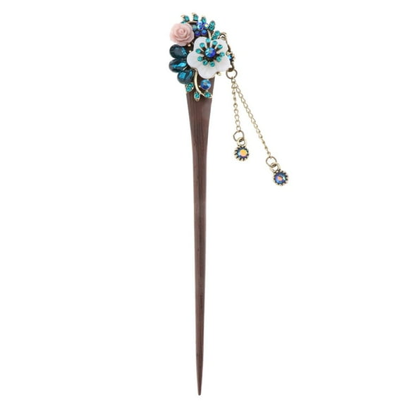 Women Wooden Hair Stick, Flower Pin, Rhinestone Hair Clip hair Chopsticks, with Blue