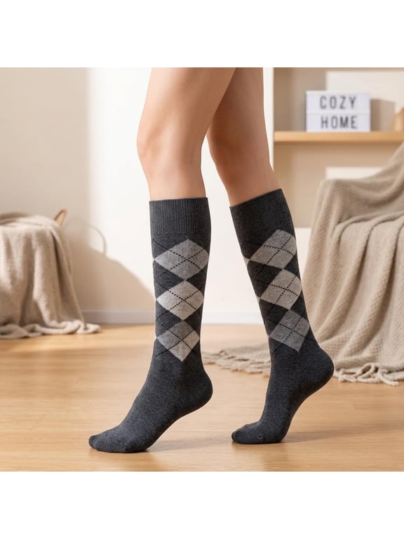 Women Wool Argyle Knee High Socks Warm Winter Long Calf Socks | Cozy sheep wool blend calf socks with classic British argyle patterns. Soft, warm, stretchy, one-size-fits-most.