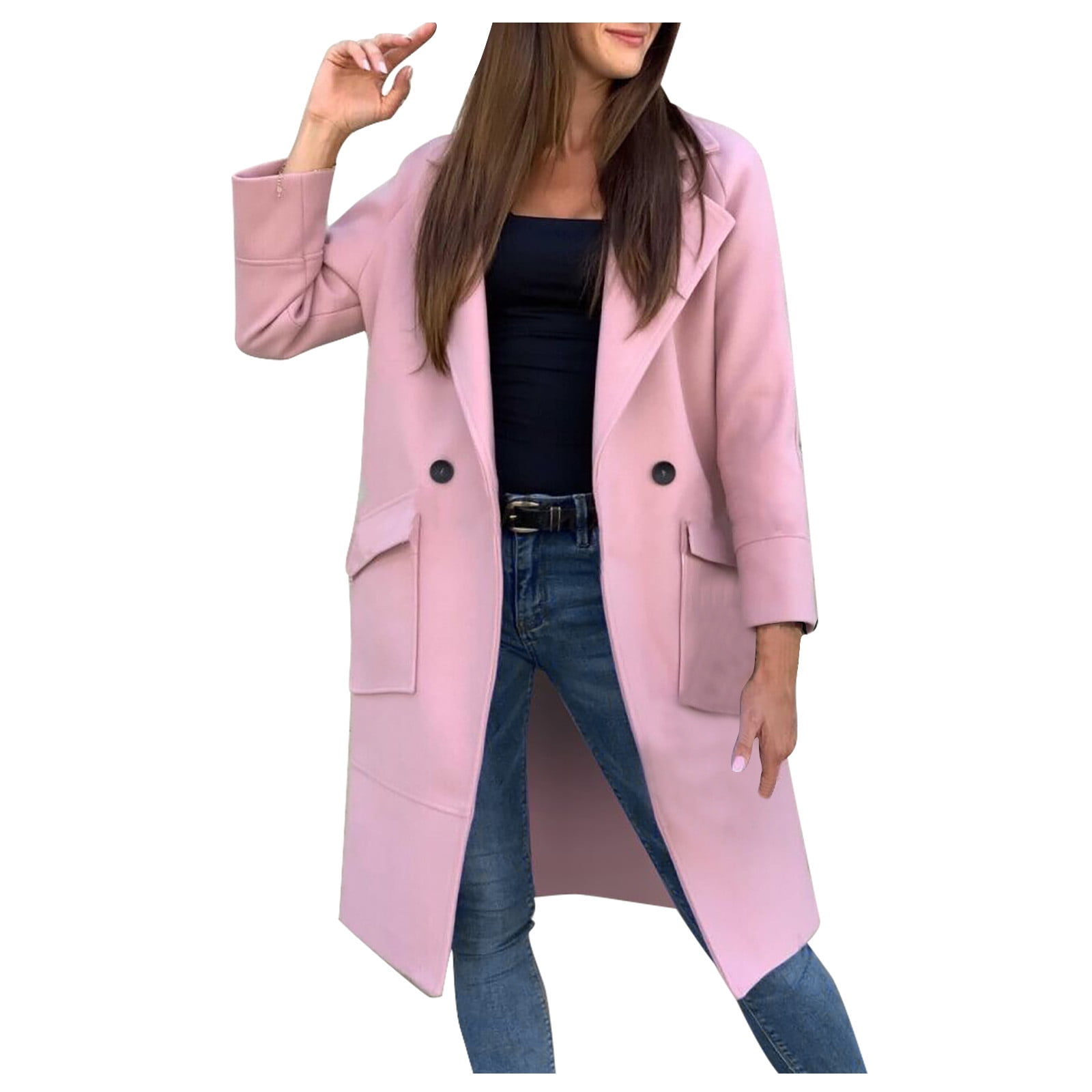 Women Wool Blend Blazer Jacket Long Sleeve V Neck Mid Length Coat