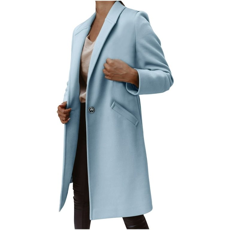 Women Wool Blend Blazer Jacket Long Sleeve V Neck Mid Length Coat Fashion One  Button Open Front Cardigan Outerwear 