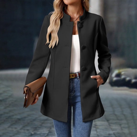 Women Wool Blend Coat Stand Collar Single Breasted Mid Length Jacket with Side Pockets Warm Casual Fall Winter Outerwear
