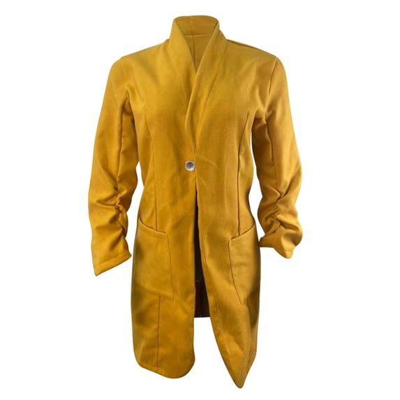 Women Wool Blend Coats Fall Winter Dressy Casual Mid Length Jacket One Button Pockets Ruched Long Sleeve Cardigans (3XL, Yellow)