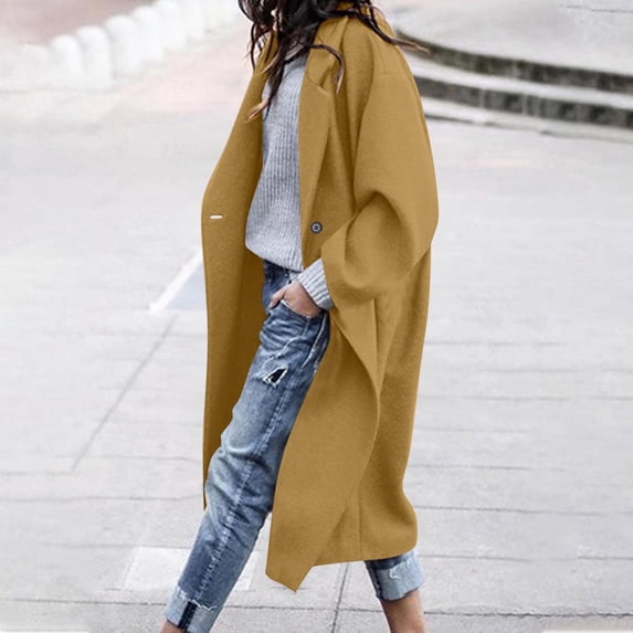 Women Wool Blend Long Peacoat Single Button Notch Lapel Oversized Trench Coat Solid Color Casual Jacket Fall Winter Overcoat with Pocket