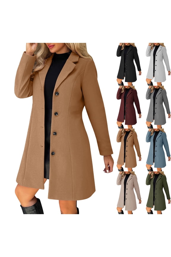 Women Wool-Blend Pea Coat Mid-length Notched Lapel Single Breasted Trendy Trench Coat Casual Warm Fall Winter Outerwear,M,Coffee
