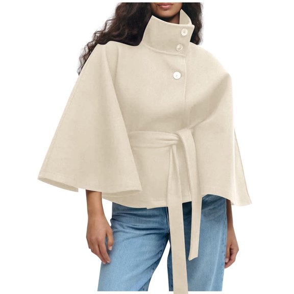 Women Wool Blend Short Jacket Casual Loose Stand Collar Long Sleeve Button Coat Trendy Lightweight Winter Warm Outwear With Belt