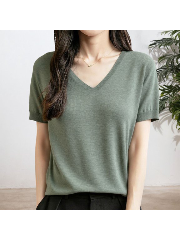 Women Wool Blend Summer Fall Tops Lightweight Business Casual Pullover Sweater Blouses Light Green M