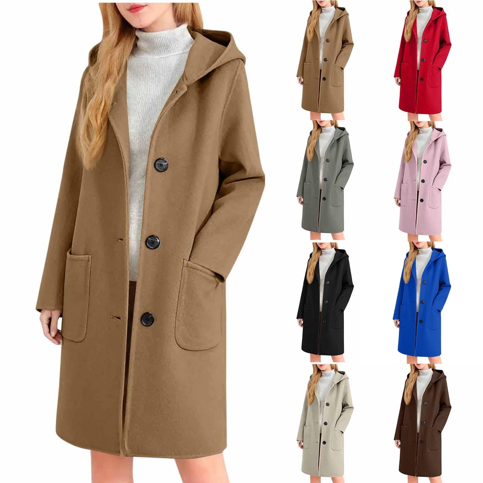 Women Wool-Blend Trench Coat Mid-length Single-Breasted Hooded
