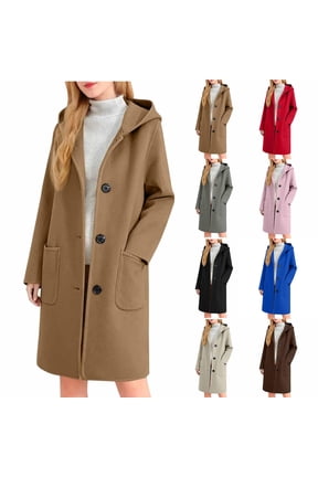 Women Wool-Blend Trench Coat Mid-length Single-Breasted Hooded Trendy Pea Coat Casual Warm Fall Winter Outerwear,M,Coffee