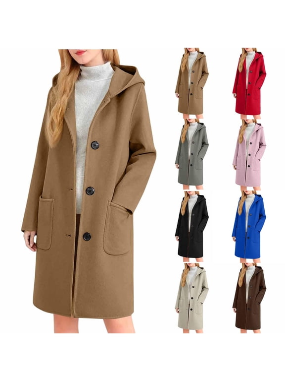 Women Wool-Blend Trench Coat Mid-length Single-Breasted Hooded Trendy Pea Coat Casual Warm Fall Winter Outerwear,M,Coffee