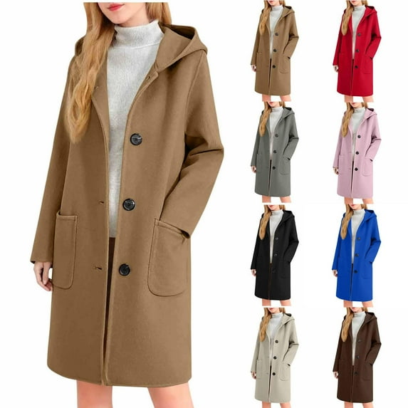 Women Wool-Blend Trench Coat Mid-length Single-Breasted Hooded Trendy Pea Coat Casual Warm Fall Winter Outerwear,XL,Pink