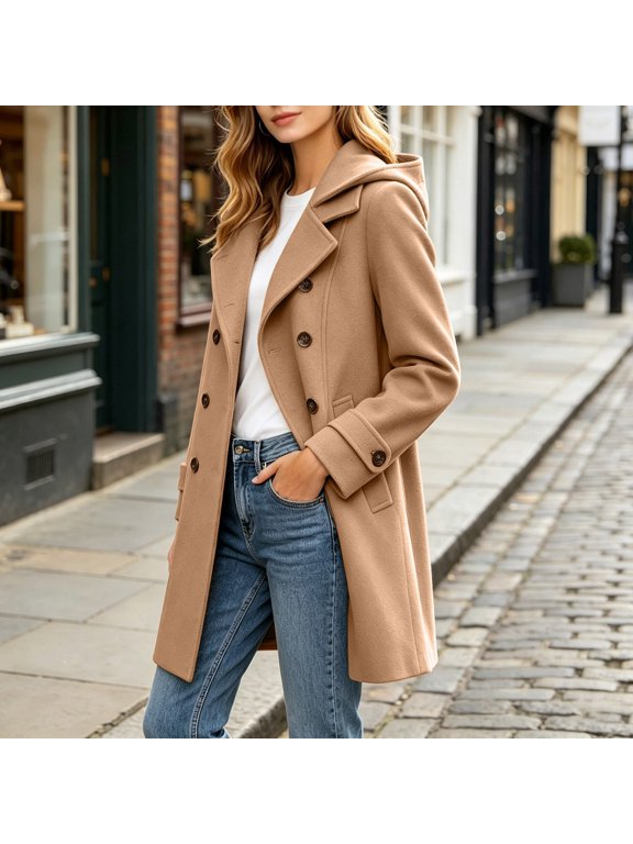 Women Wool Blend Winter Trench Coats Double- Mid Length Peacoats Notch Lapel Winter Outwears (Khaki-Hooded XL)