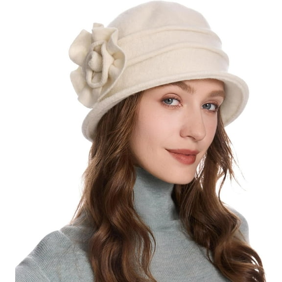 Women Wool Cloche Bucket Hat  Vintage Dress Winter Hats with Flower Accent