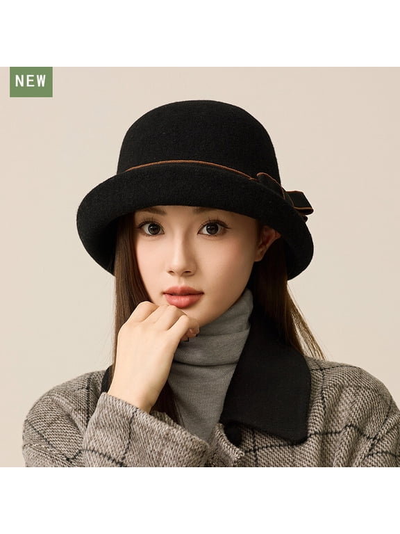 Women Wool Felt Hat Bow Cloche Bucket Cap Warm Windproof Autumn Winter