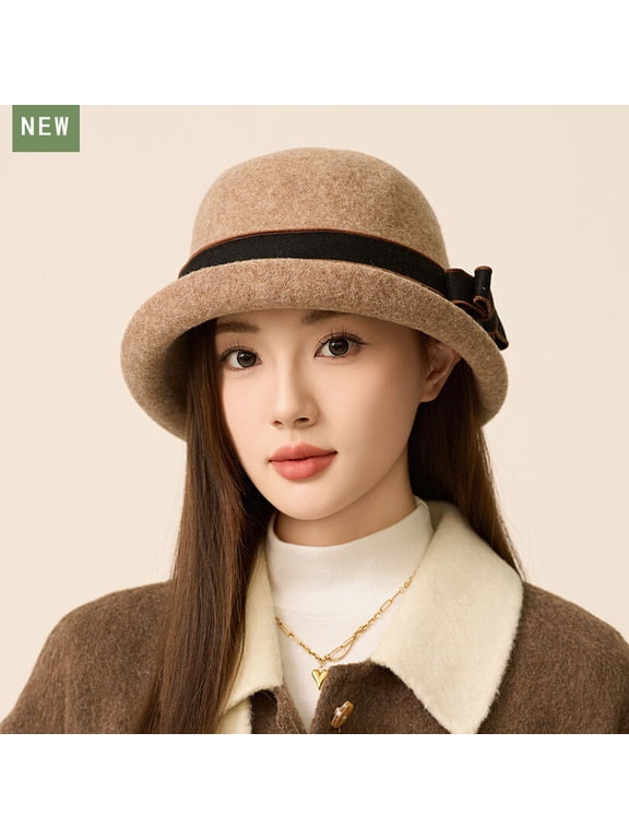 Women Wool Felt Hat Bow Cloche Bucket Cap Warm Windproof Autumn Winter