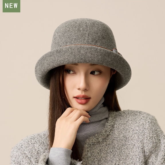 Women Wool Felt Hat Bow Cloche Bucket Cap Warm Windproof Autumn Winter