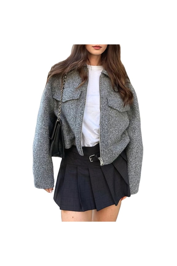 Women Wool Lapel Zip Up Coats Copped Jacket Outerwear with Pockets Gray S