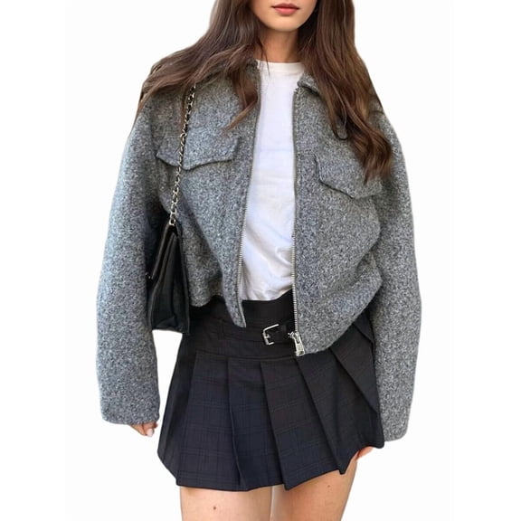 Women Wool Lapel Zip Up Coats Copped Jacket Outerwear with Pockets Gray XS
