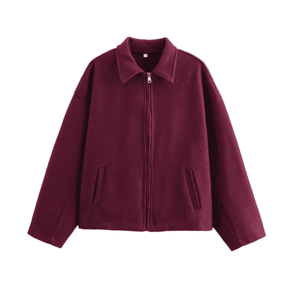Women Woolen Jacket Elegant Zipper Lapel Long Sleeve Short Coats Vintage Street Outerwear