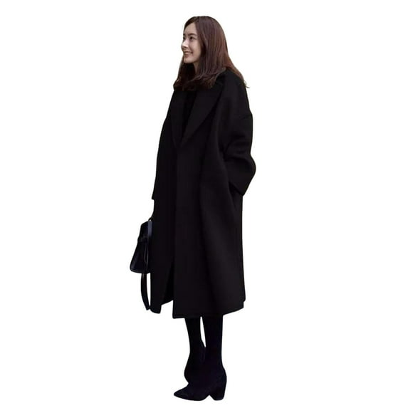 Women Woolen Jacket Turn-down Collar Solid Color Coat Mid-calf Length Thermal Long Sleeved Commuting Dating Spring Fall Winter Overcoat