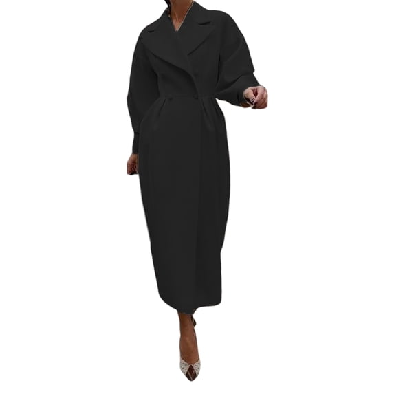 Women Woolen Jacket Turn-down Collar Solid Color Double-breasted Coat Retro Royal Style Thermal Long Lantern Sleeves Commuting Dating Spring Fall Winter Overcoat