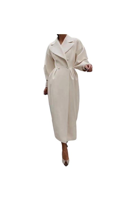 Women Woolen Jacket Turn-down Collar Solid Color Double-breasted Coat Retro Royal Style Thermal Long Lantern Sleeves Commuting Dating Spring Fall Winter Overcoat