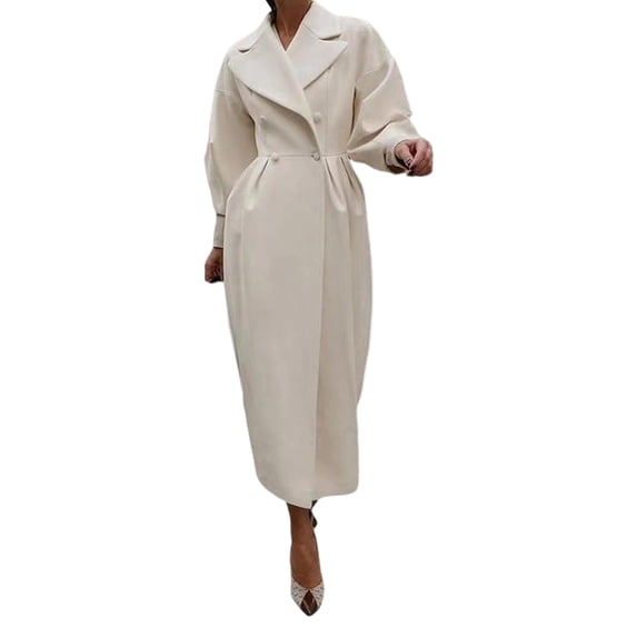 Women Woolen Jacket Turn-down Collar Solid Color Double-breasted Coat Retro Royal Style Thermal Long Lantern Sleeves Commuting Dating Spring Fall Winter Overcoat